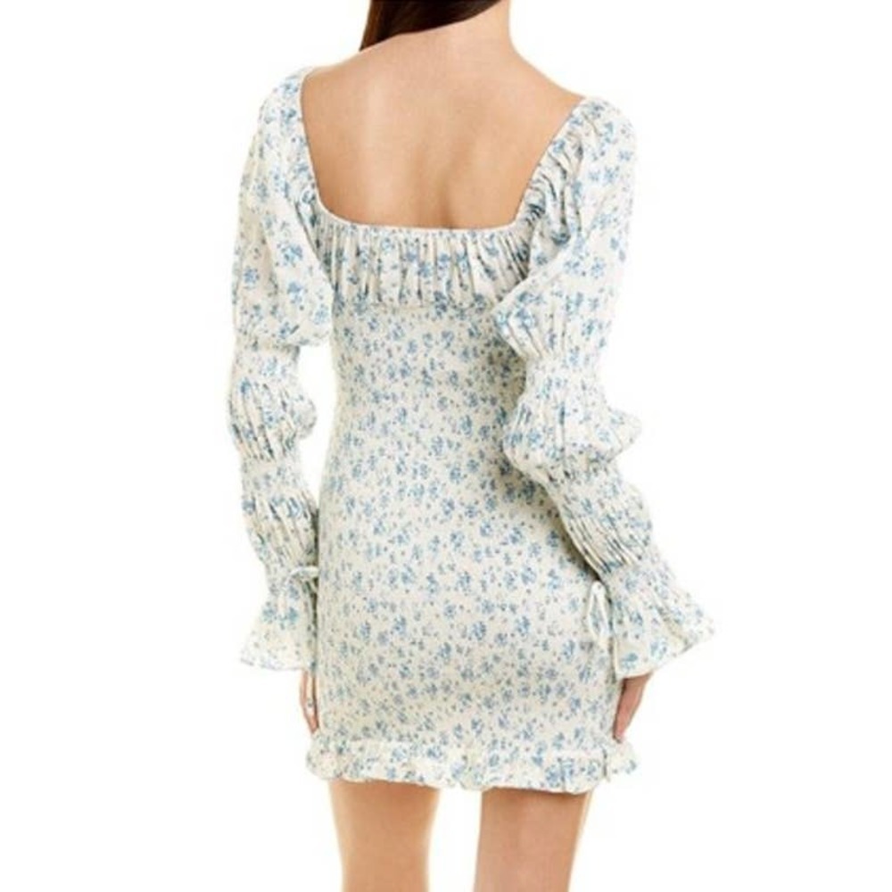 SAU LEE Betty Linen Blend Smocked Floral Mini Dress Blue/White Women's Size 8 - Picture 2 of 10